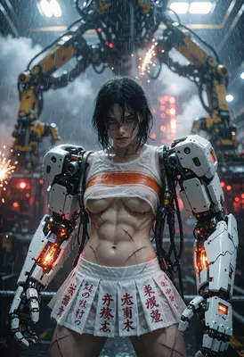 Cyborg Warrior Standing in Rain