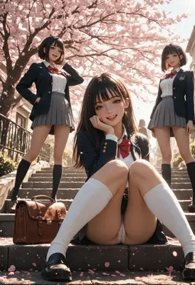 Schoolgirls Under Blooming Cherry Blossoms