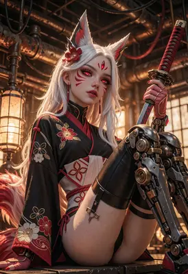 Cybernetic Kitsune Warrior in Industrial Setting