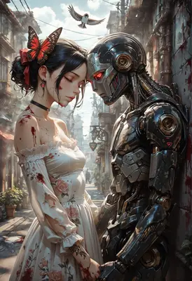 Tender Moment Between Girl and Cyborg