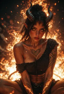 Fiery Demon Queen with Heart Tattoo