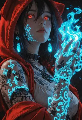 Red Hooded Sorceress with Blue Magic