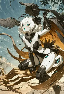 Mechanical Angel Perched on Branch