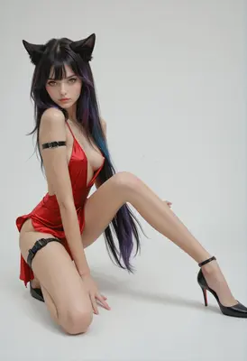 Sultry Cat Girl in Red Silk