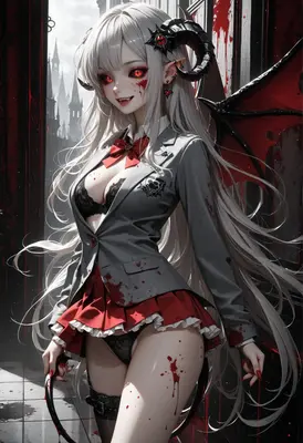 Bloodstained Demon Schoolgirl in Gothic Hallway