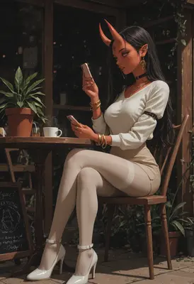 Demon Girl Relaxing at Cafe