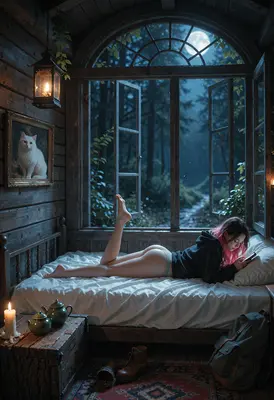Midnight Reading in the Forest Cabin