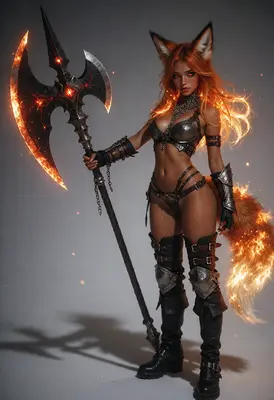 Fiery Kitsune Warrior with Glowing Axe