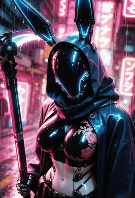 Cybernetic Bunny Assassin in Neon Rain