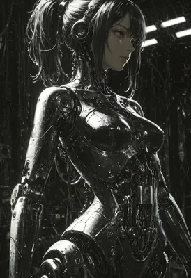Metallic Android in Dark Industrial Chamber