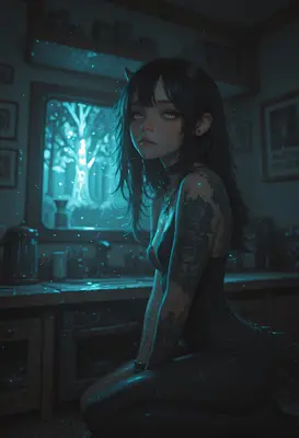 Neon Horns in a Dim Kitchen