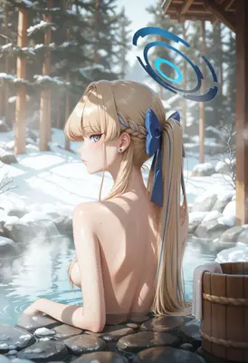 Serene Blonde Halo in Snowy Onsen