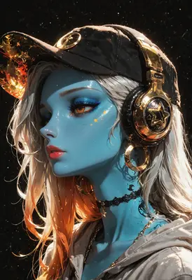 Celestial Blue Girl with Golden Headphones