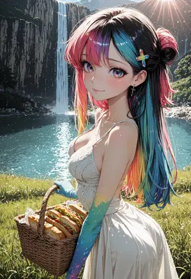 Rainbow Haired Girl at the Waterfall