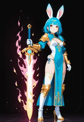 Blue Bunny Knight with Flaming Blade
