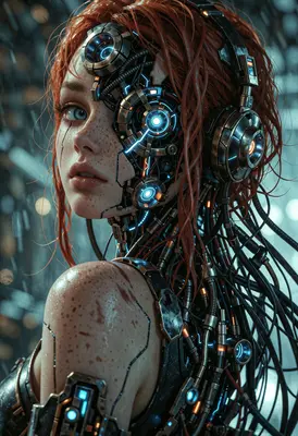 Cybernetic Ginger Girl with Glowing Circuits