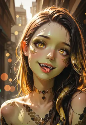 Golden Serpent Girl with Sharp Fangs