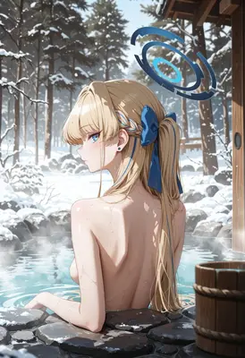 Blonde Halo Maiden in Snowy Onsen
