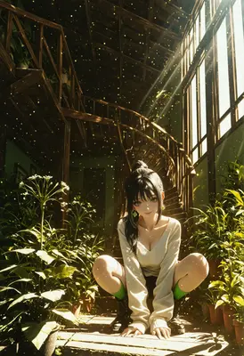 Girl Crouching in a Sunlit Greenhouse