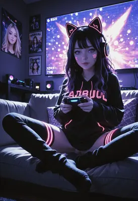 Neon Gamer Girl in Cozy Room
