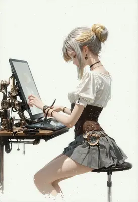 Steampunk Artist Working at Her Desk