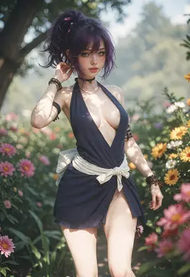 Purple Haired Beauty in a Garden