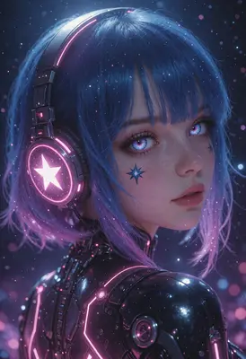 Starlight Cybernetic Girl with Neon Headphones