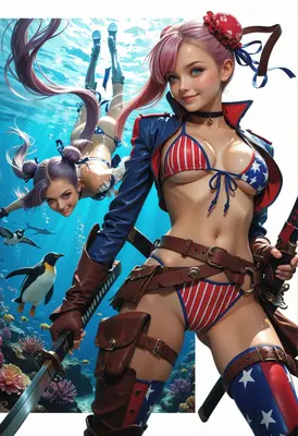Patriotic Samurai Warriors Diving Underwater