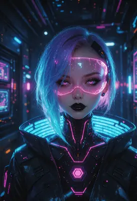 Neon Cybernetic Girl in Digital Space