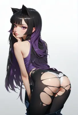 Playful Cat Girl in Distressed Leggings