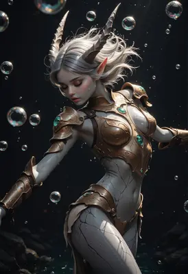 Ethereal Horned Warrior Amidst Floating Bubbles