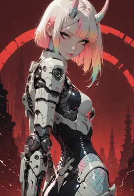 Cybernetic Oni Girl in Crimson City