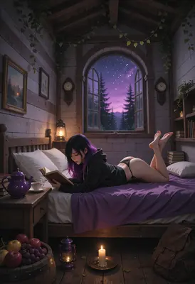 Cozy Evening Reading in Forest Cabin
