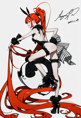 Red Haired Bunny Girl With Panda