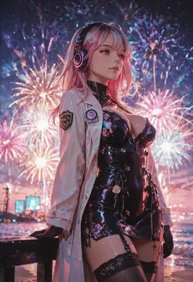 Pink Haired Girl Watching Fireworks