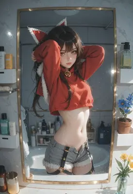 Fox Girl Reflecting in the Bathroom Mirror