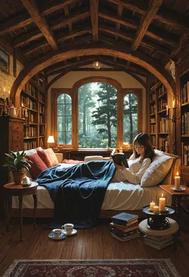 Cozy Reading Nook in Forest Library