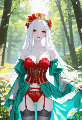 White Haired Maiden in Floral Forest