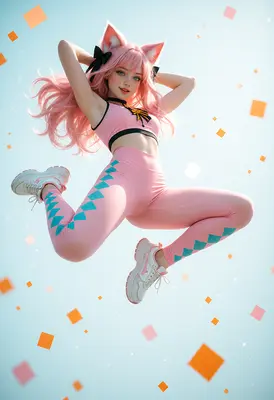 Energetic Pink Cat Girl Midair