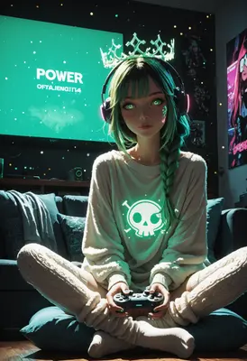 Neon Gamer Girl With Glowing Crown