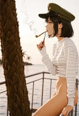 Military Cap Girl Smoking Pipe