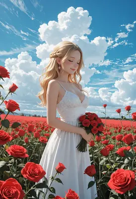 Blonde Maiden in a Rose Garden