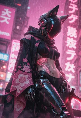 Cybernetic Kitsune in Neon Rain