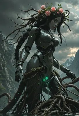 Cyborg Dryad Amidst Mountain Peaks
