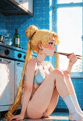 Blonde Sailor Eating Noodles in Kitchen