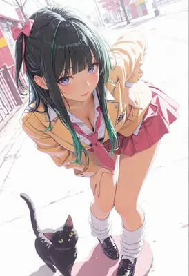 Schoolgirl Leaning Towards Her Pet Cat