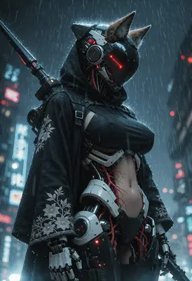 Cybernetic Fox Warrior in Rain