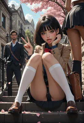 Schoolgirl Peace Sign on Stone Stairs