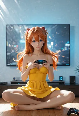 Asuka Gaming in a Yellow Dress