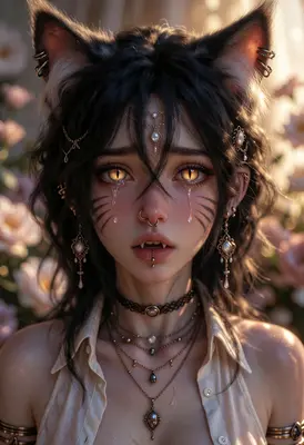 Crying Neko Girl in Floral Garden